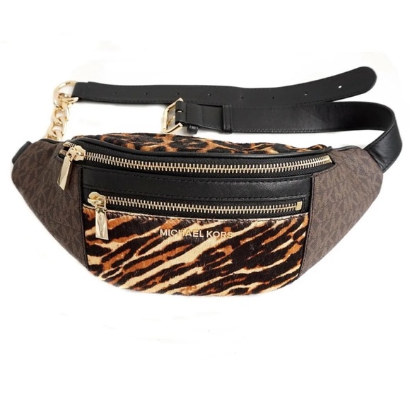 MICHAEL KORS MOTT FUR MD WAIST PACK BELT BAG BROWN MULTI WITH GOLD HARDWARE - Picture 5 of 12